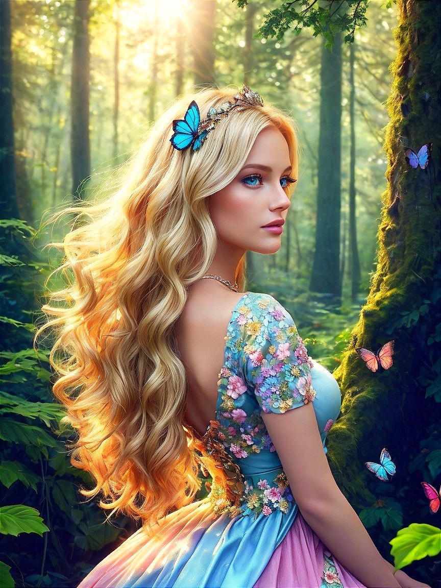 Young woman in floral dress in a magical forest