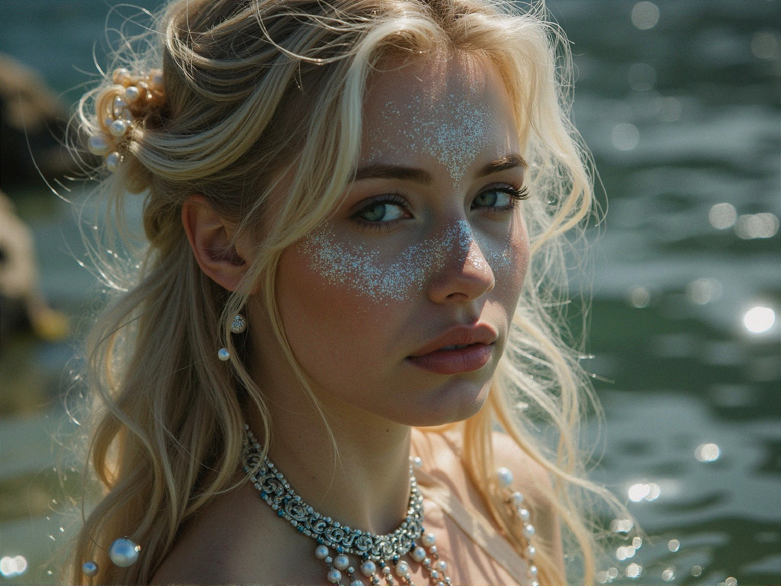 Young woman by water with flowing hair and pearls