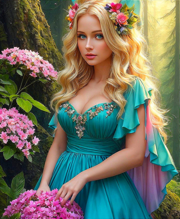 Young Woman in Teal Dress Surrounded by Flowers