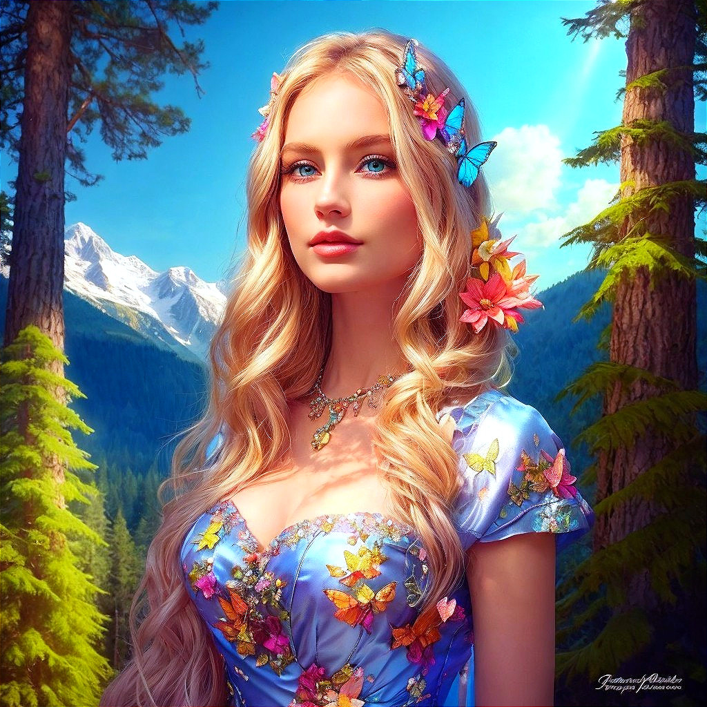 Young Woman in Blue Gown in Forest Landscape