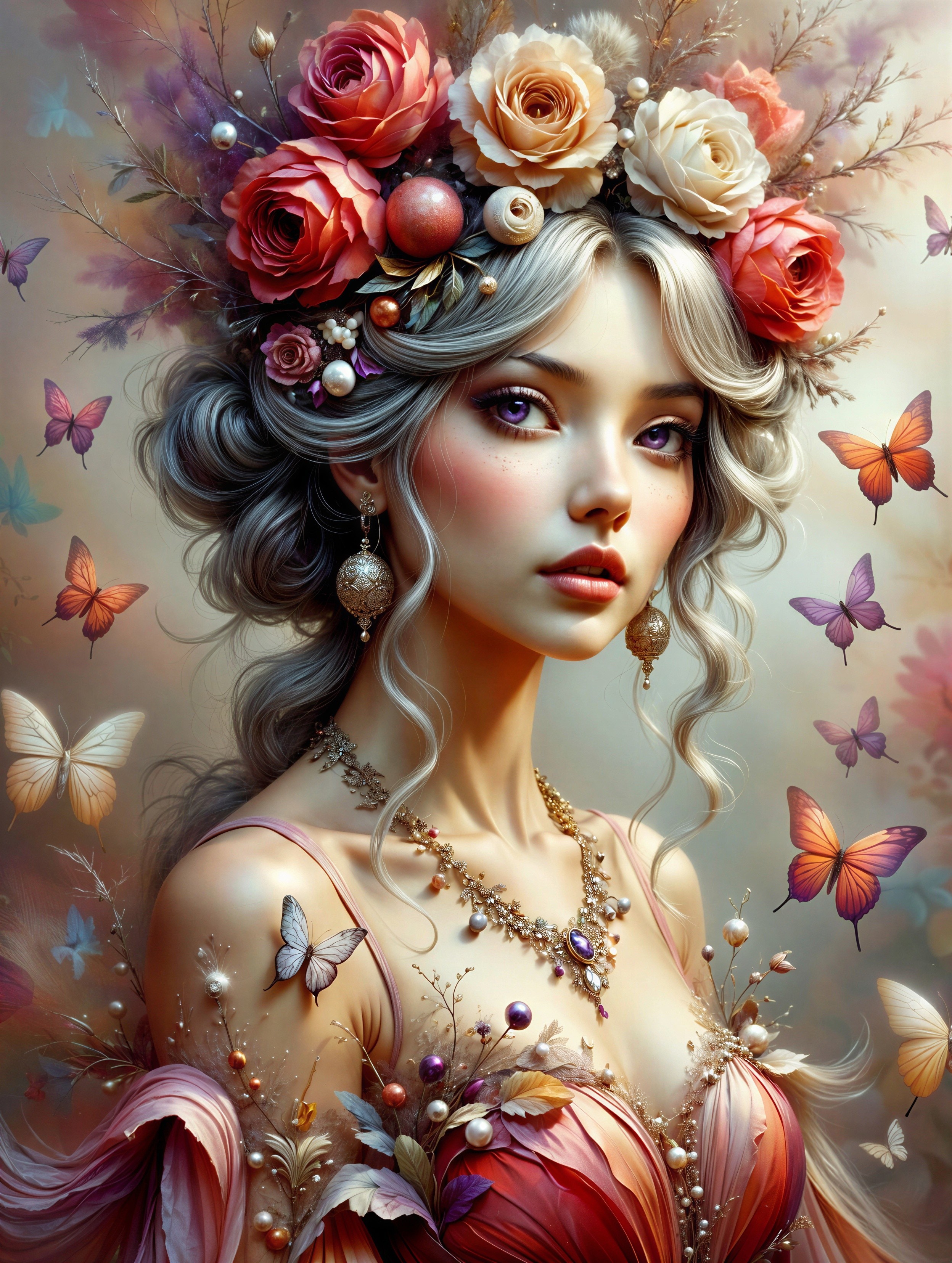 Ethereal Woman Surrounded by Floral Elements and Butterflies
