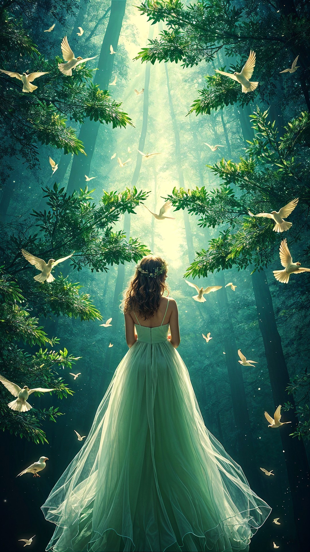 Woman in Green Gown Surrounded by Forest and Doves