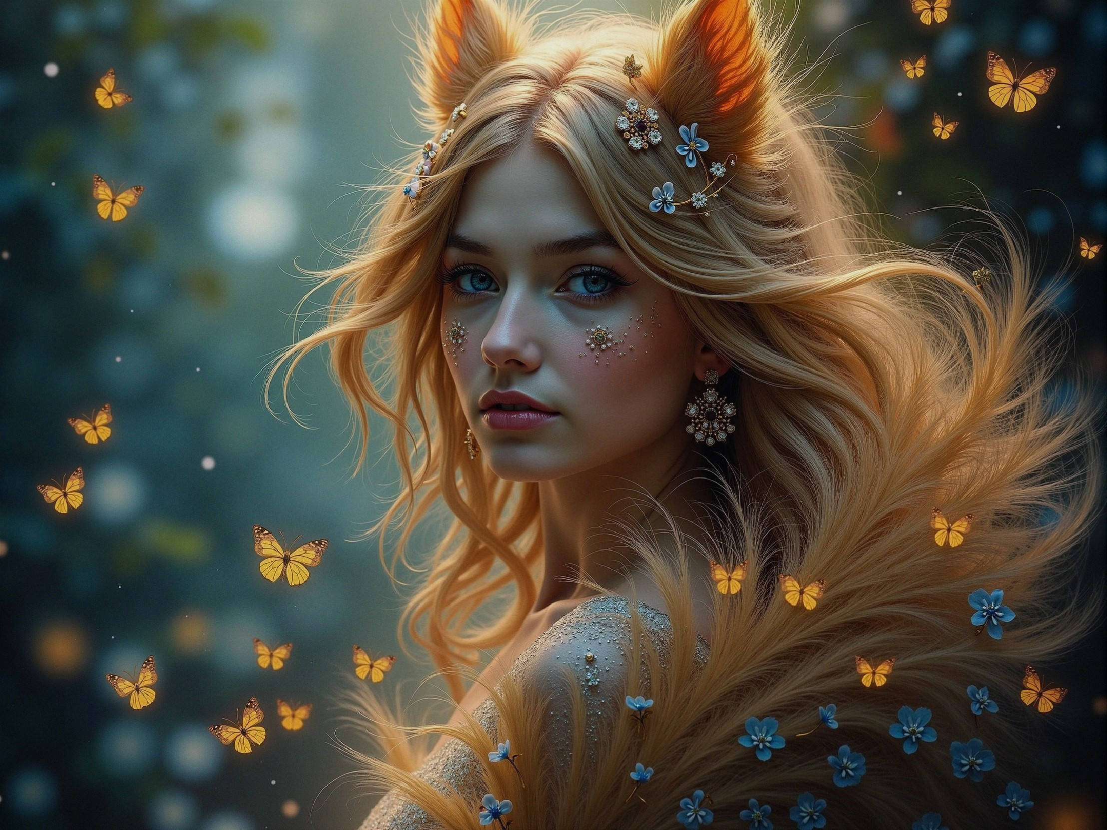 Mystical figure with floral accessories in a dreamy forest