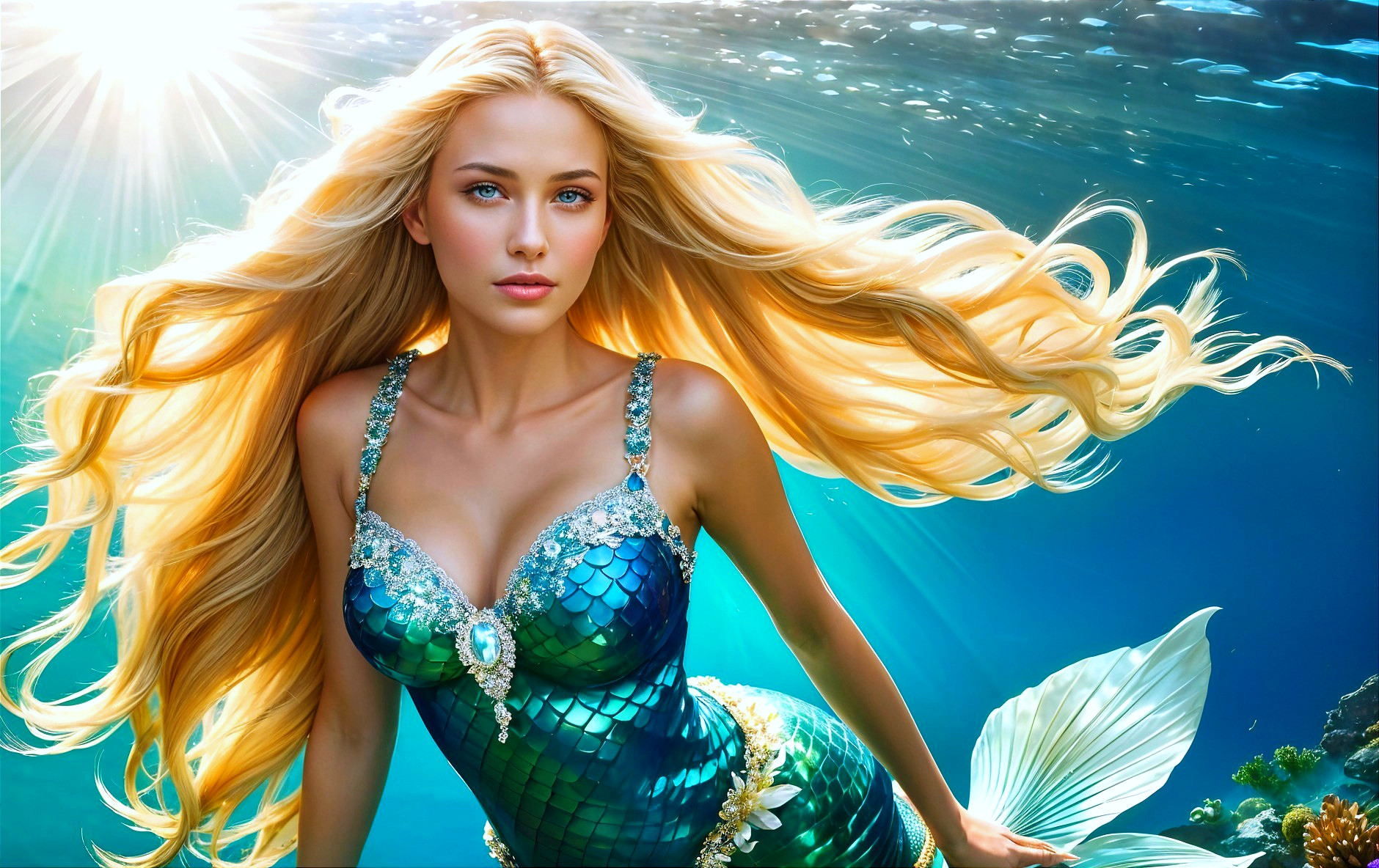 Mermaid with Blonde Hair in Vibrant Underwater Scene