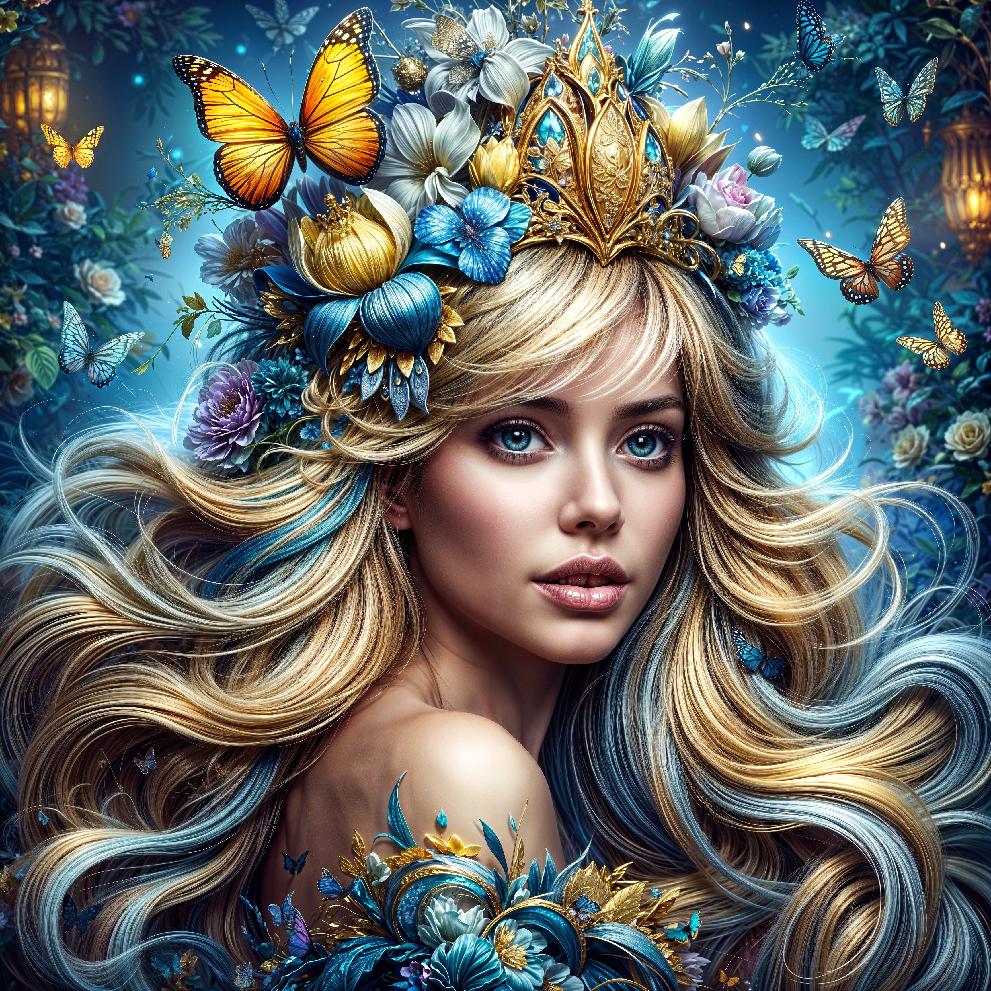 Young woman with blonde hair and floral crown in blue background