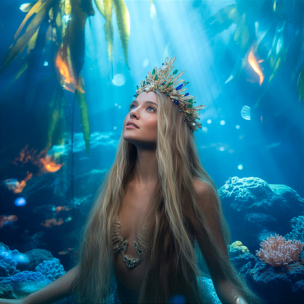 Underwater Scene with Woman and Seashell Crown