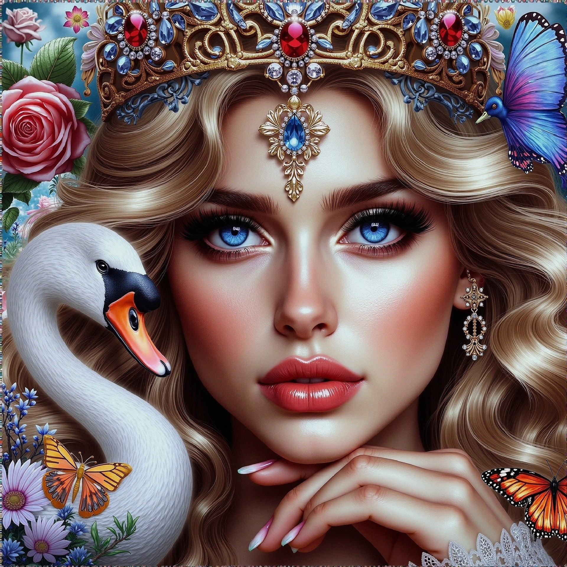 Elegant Portrait of a Woman with Blue Eyes and Crown