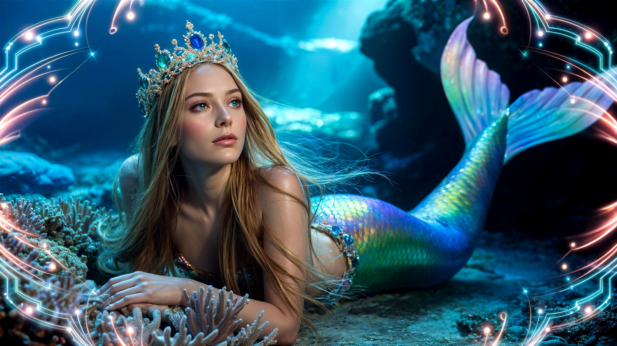 Underwater Scene with Mermaid and Coral Reef