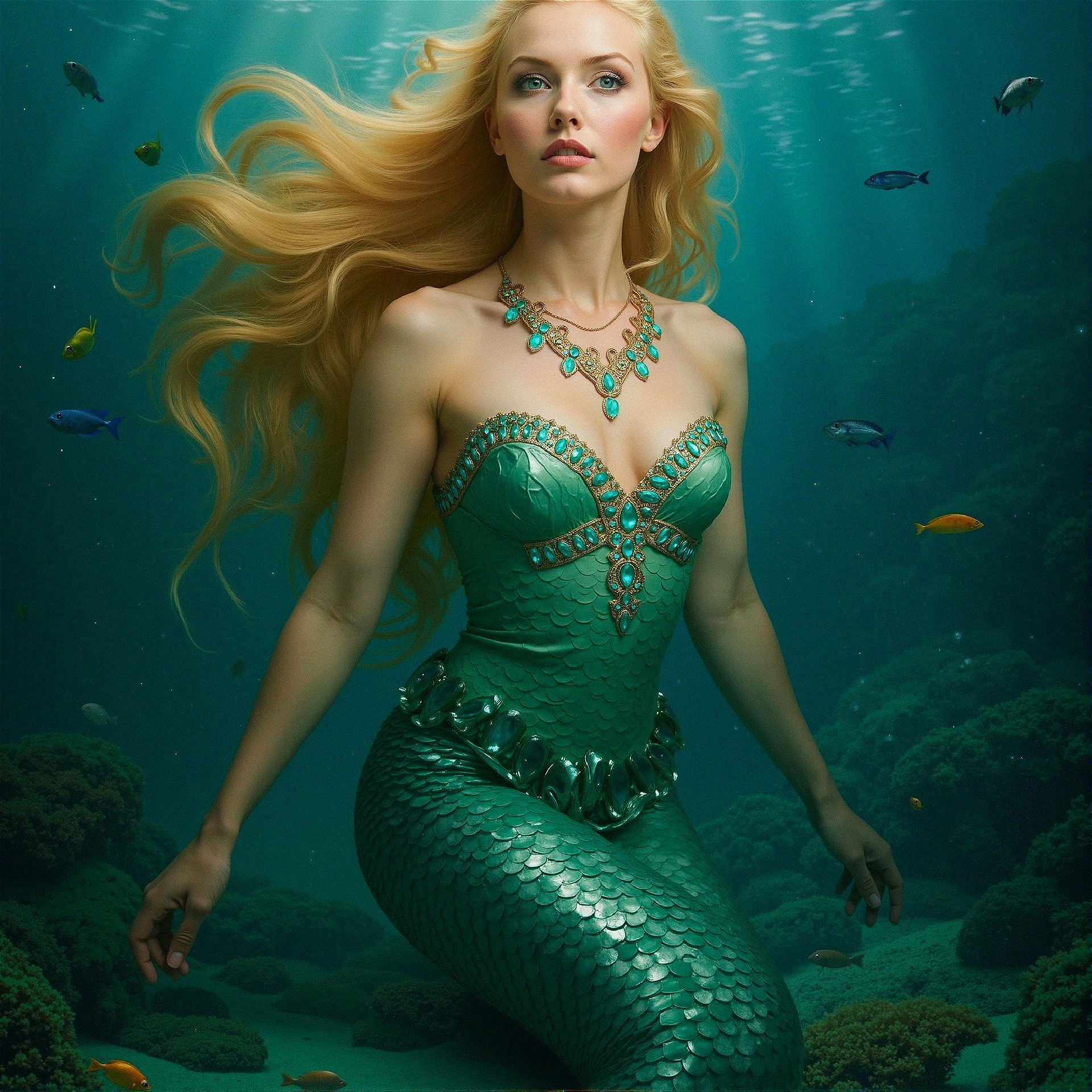 Majestic Mermaid Underwater with Colorful Fish and Coral