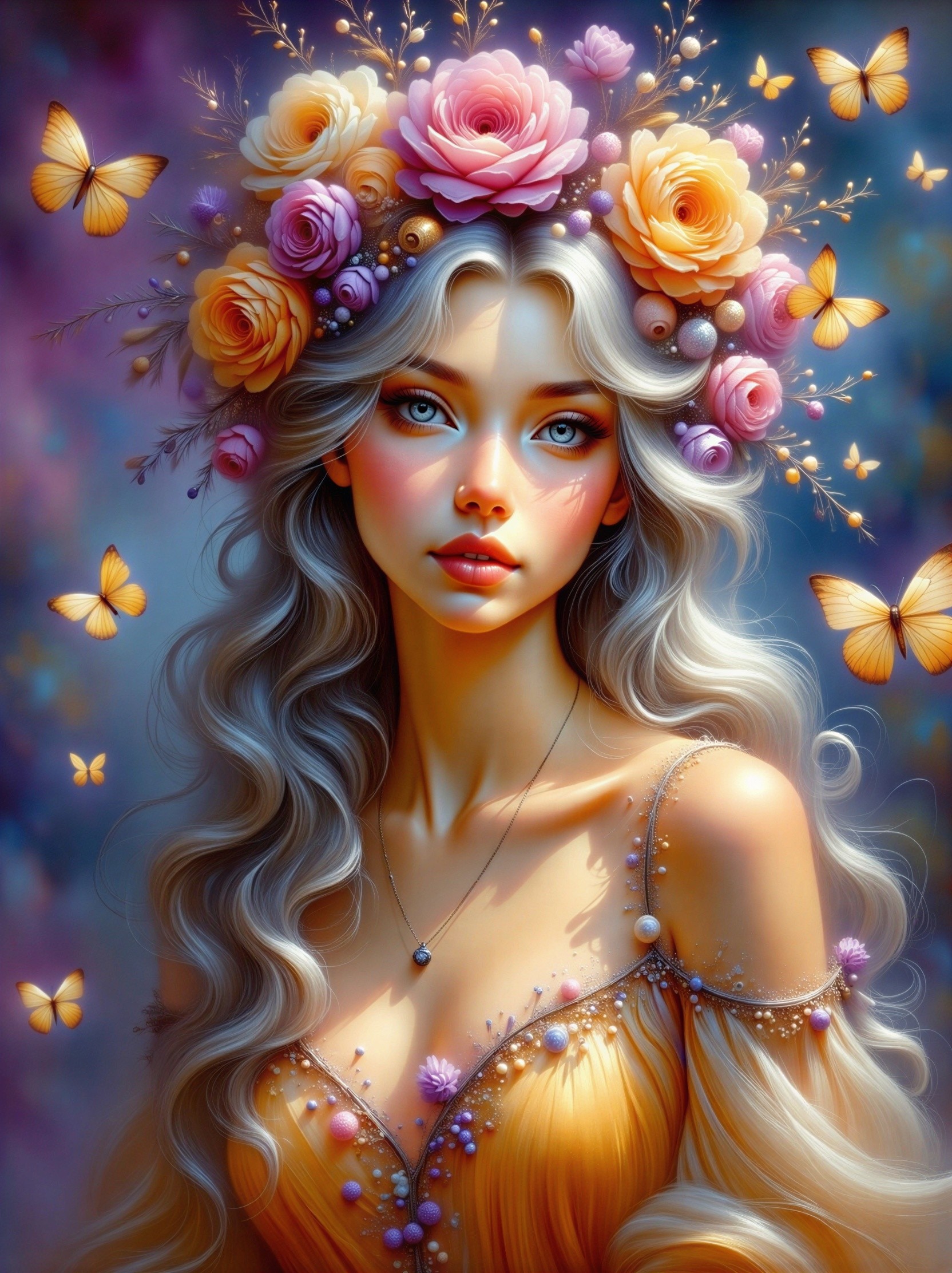 Ethereal woman with silver hair and floral crown