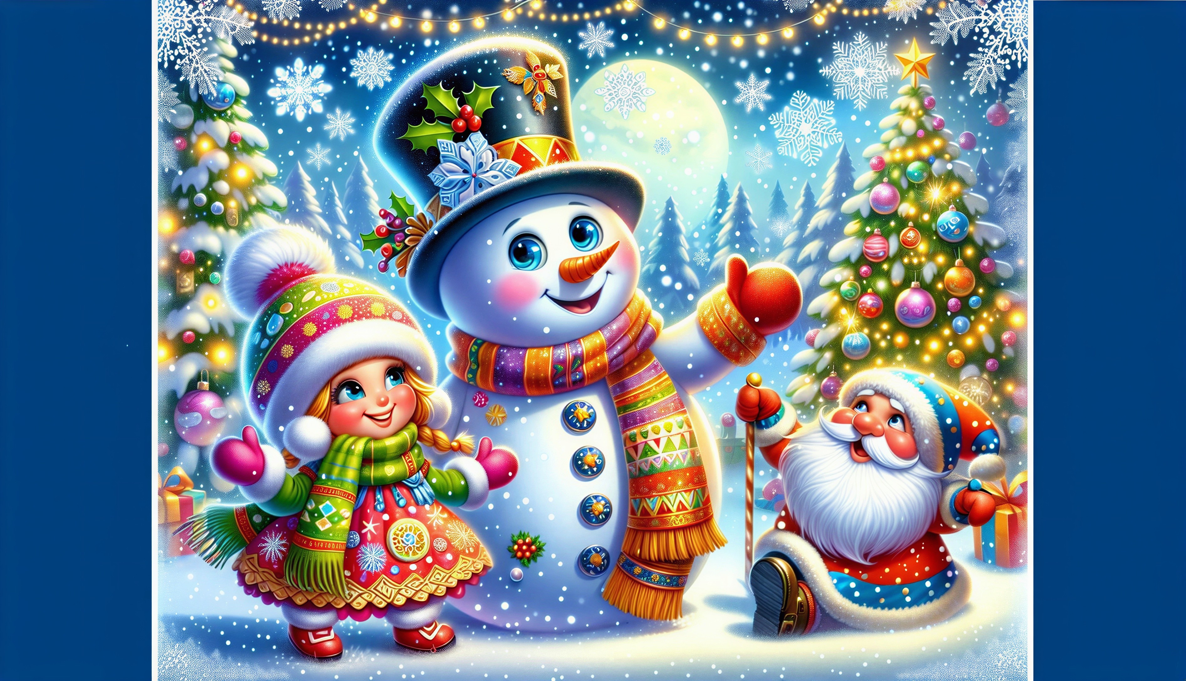 Cheerful winter scene with snowman and festive decor