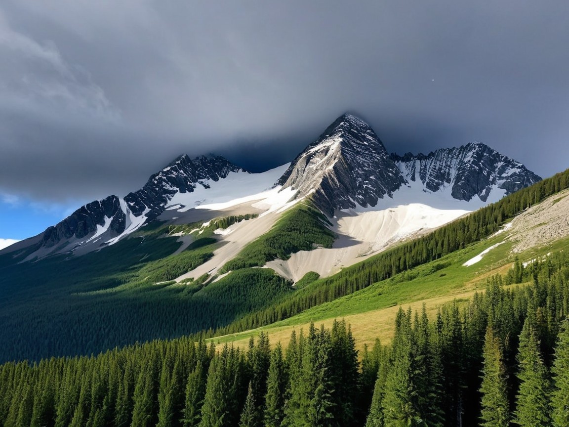 Majestic Mountain Range with Snow and Lush Forests