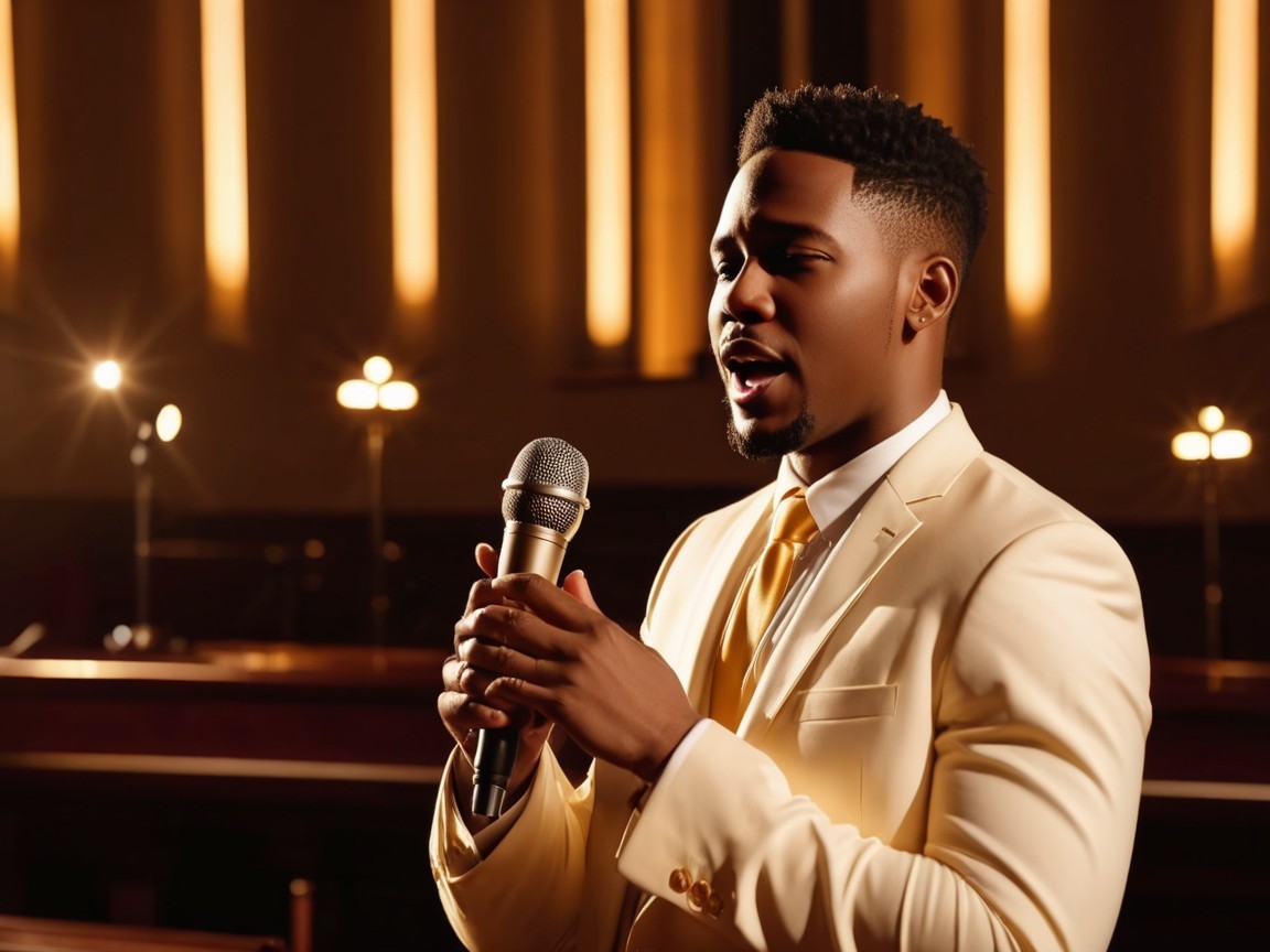 Charismatic singer in cream suit captivates audience on stage