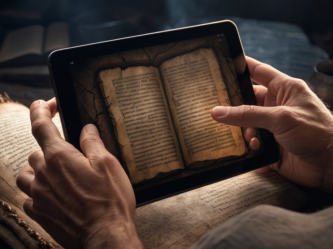 Tablet Displaying Ancient Book in Cozy Setting