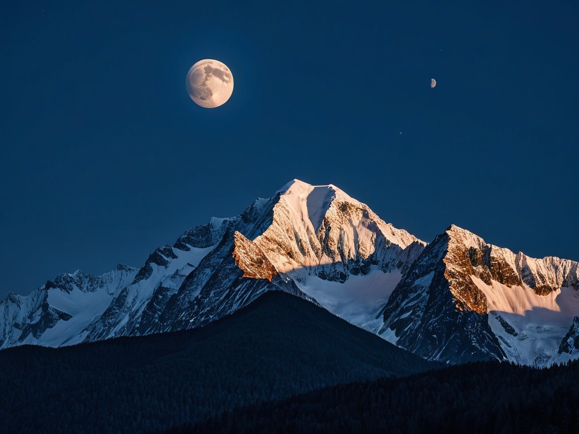 Mountain Range Under Twilight Sky and Full Moon