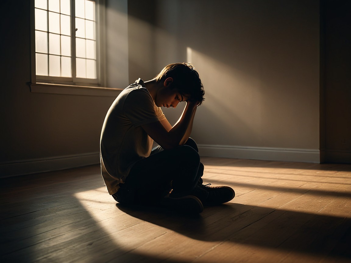 Young person in dim room reflecting in solitude
