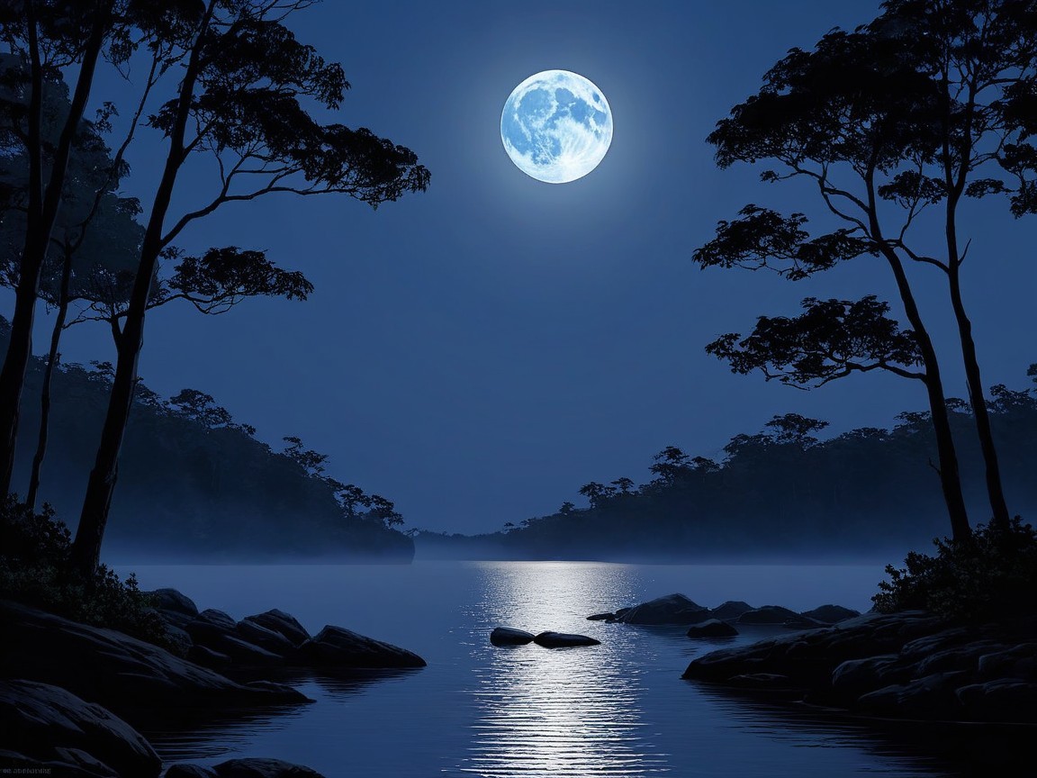 Serene Nighttime Scene with Full Moon and Calm Water