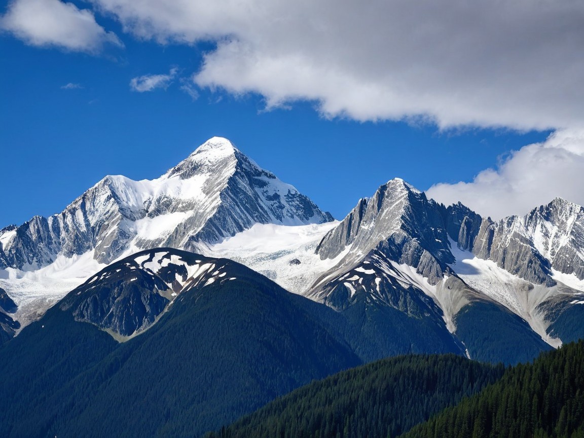 Snow-Capped Mountain Landscape with Blue Sky and Forests