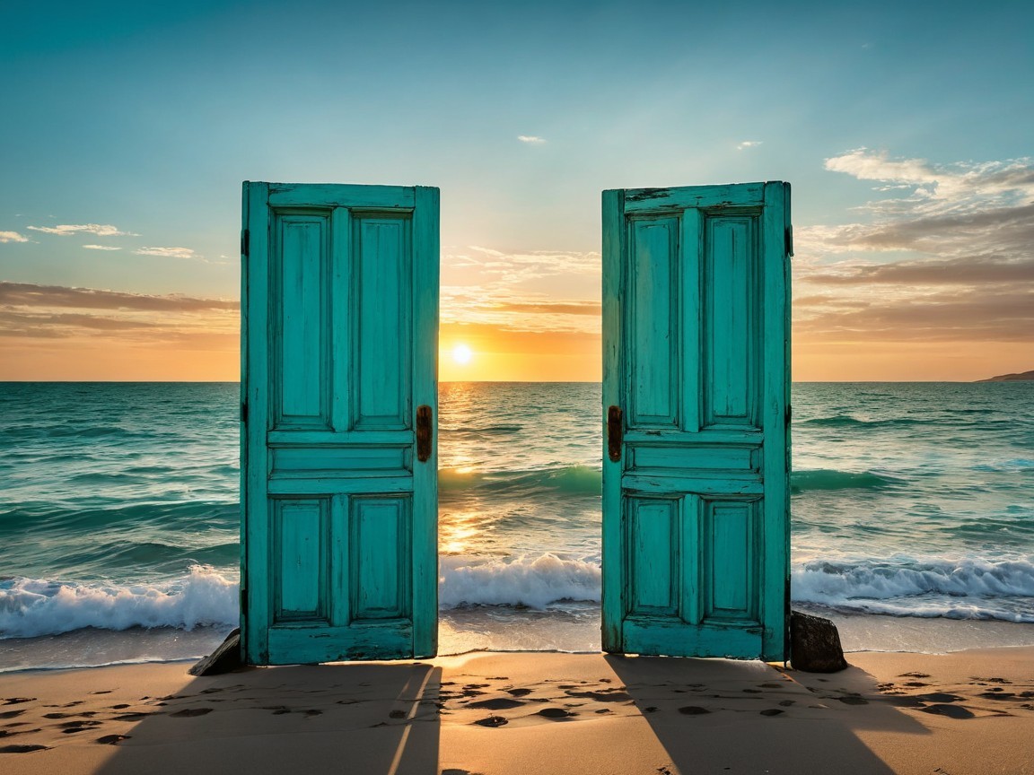 Vintage Turquoise Doors on a Beach at Sunset