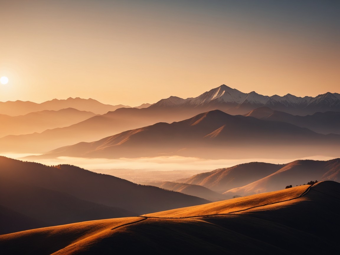 Mountainous Landscape at Sunrise with Mist and Snow
