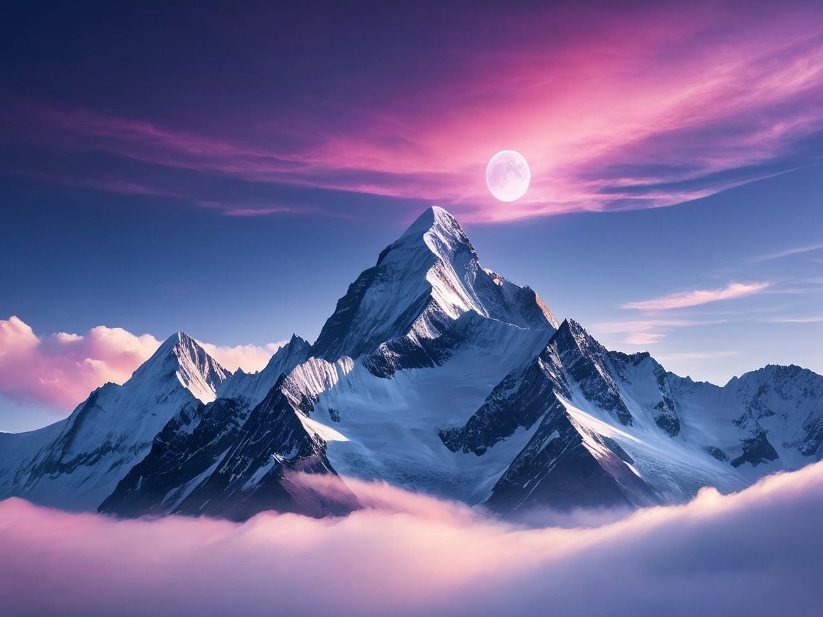 Mountain Landscape with Vibrant Sunset Sky and Moon