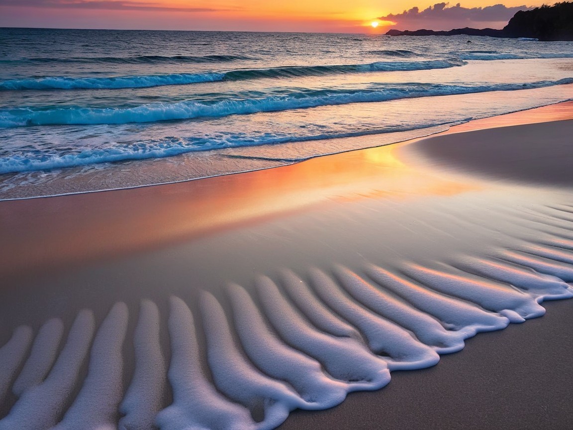 Serene Beach Landscape at Sunset with Gentle Waves
