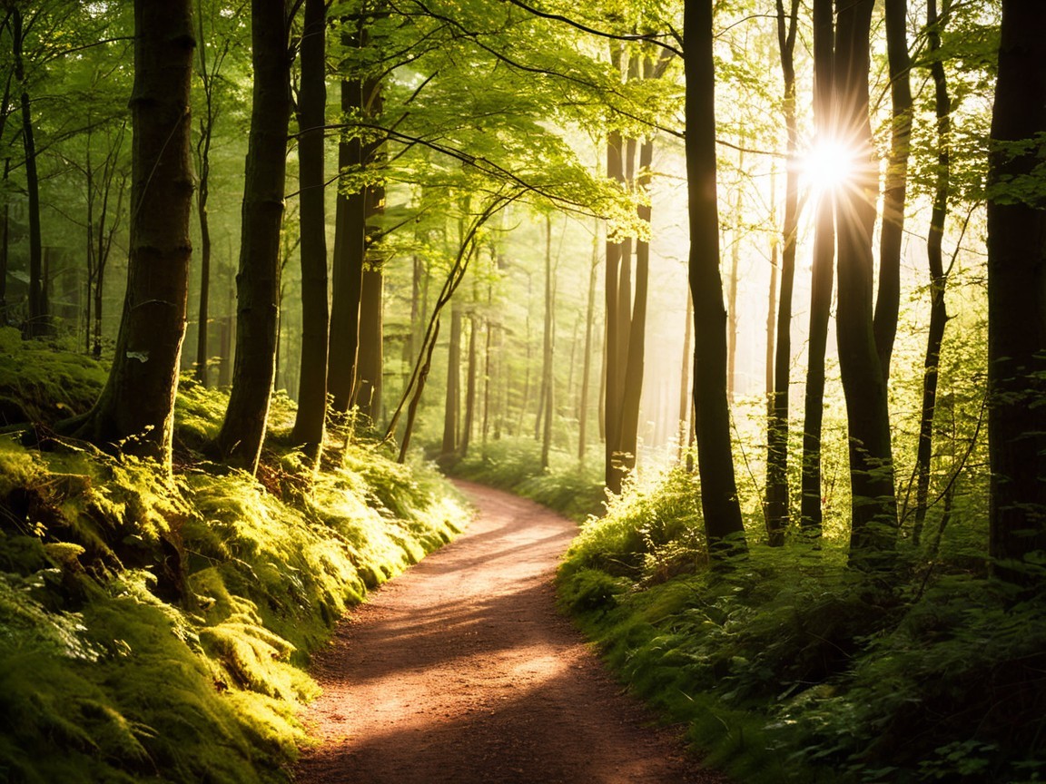 Serene Forest Path with Lush Trees and Sunlight