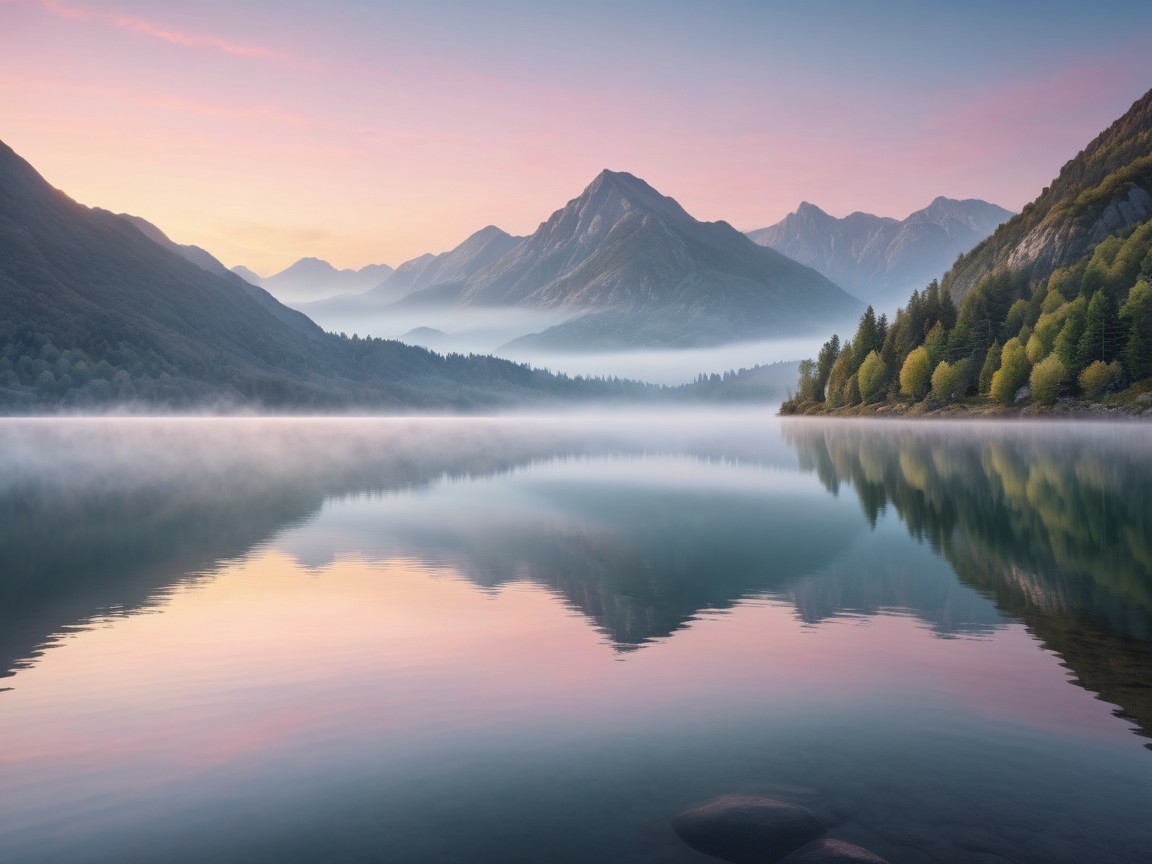 Tranquil Lake at Dawn with Mist and Mountains