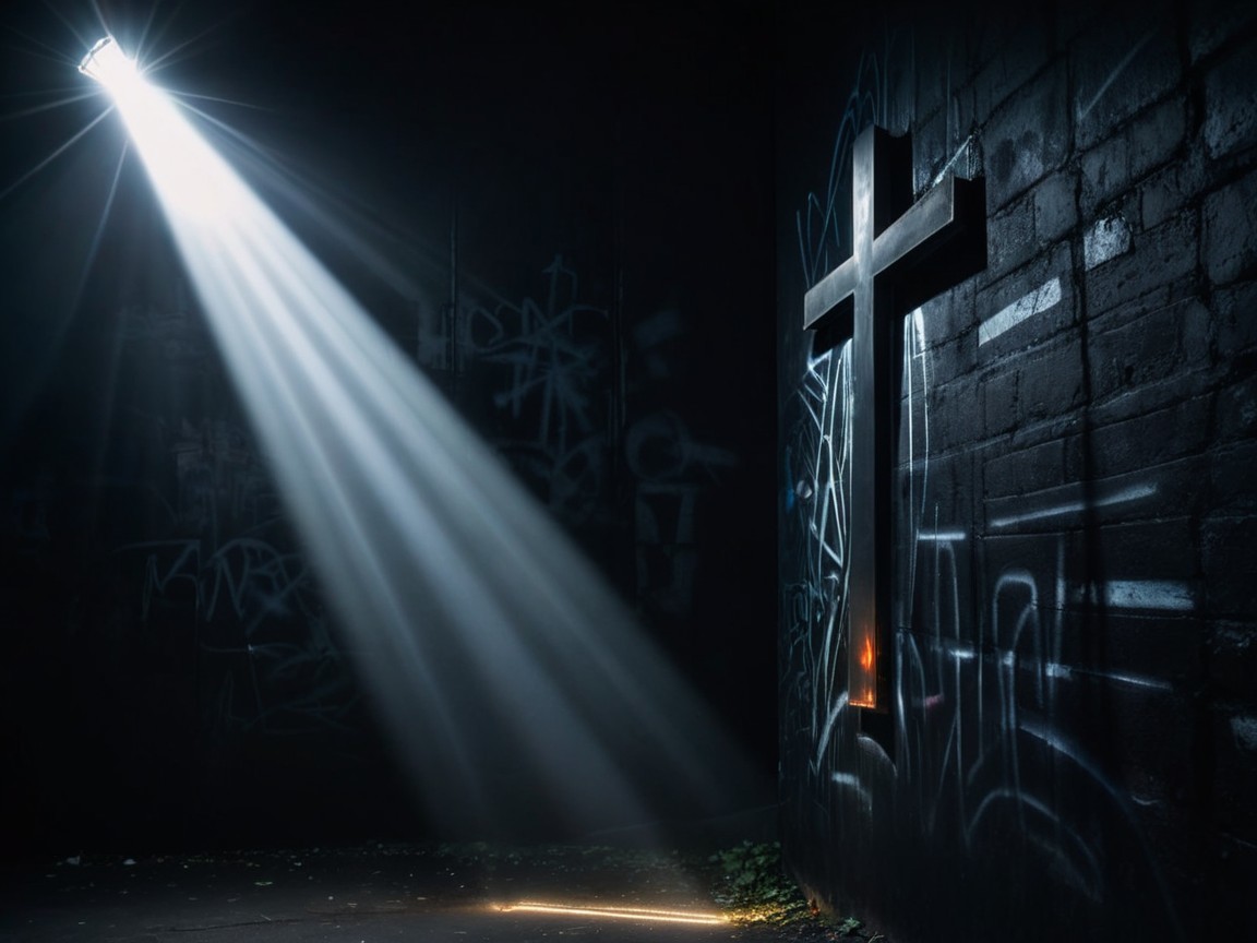 Wooden Cross in Dimly Lit Room with Graffiti Shadows