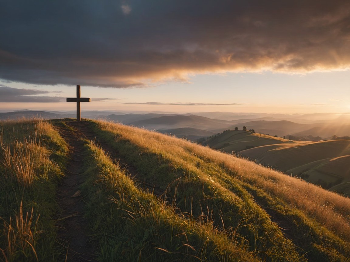Wooden Cross on Grassy Hill at Sunset with Clouds