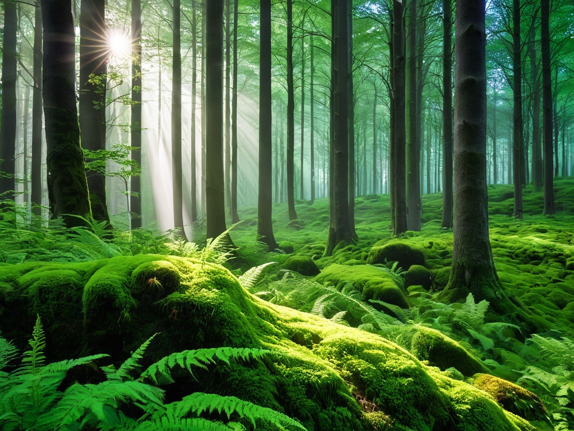 Tranquil Forest Scene with Dappled Sunlight and Ferns