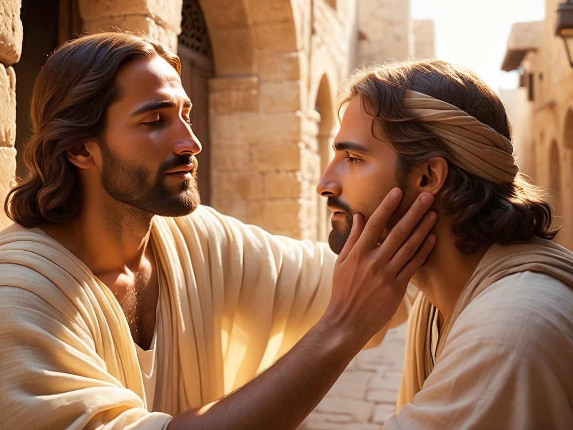 Men with Long Hair in Sunlit Ancient Alleyway