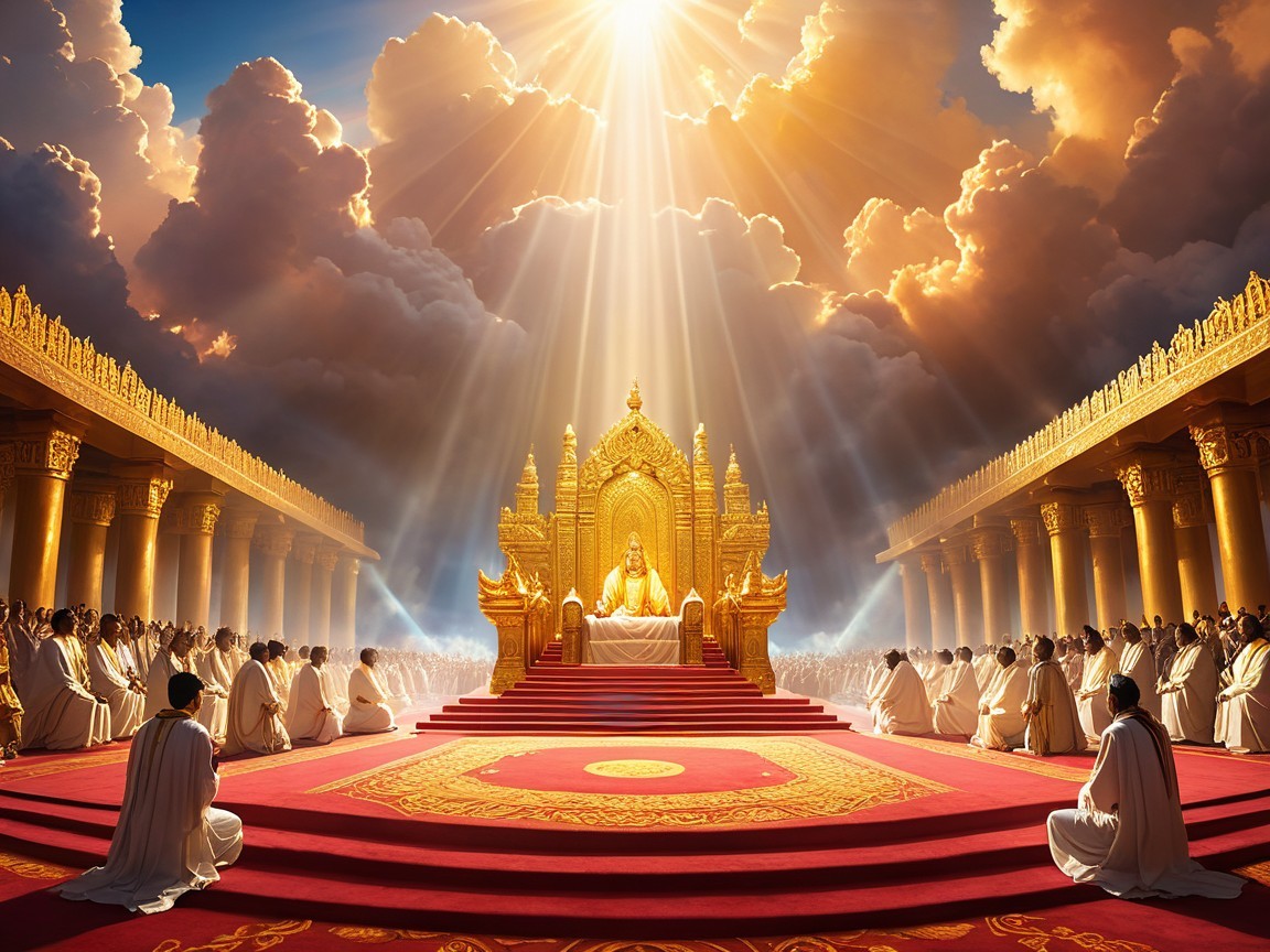 Majestic Hall with Regal Figure and Devotees in Awe