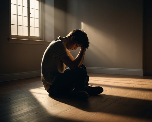 Young person in dim room reflecting in solitude