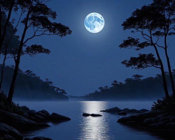 Serene Nighttime Scene with Full Moon and Calm Water