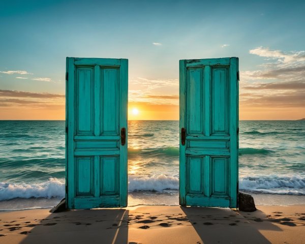 Vintage Turquoise Doors on a Beach at Sunset