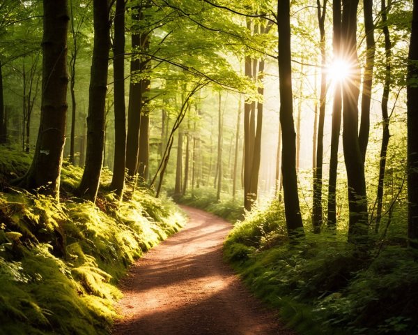 Serene Forest Path with Lush Trees and Sunlight