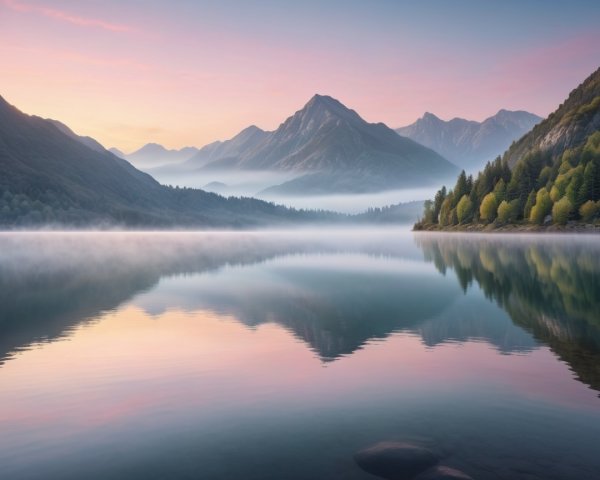 Tranquil Lake at Dawn with Mist and Mountains