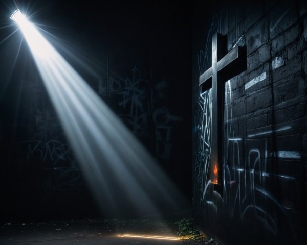 Wooden Cross in Dimly Lit Room with Graffiti Shadows