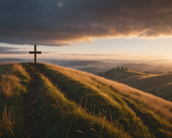 Wooden Cross on Grassy Hill at Sunset with Clouds