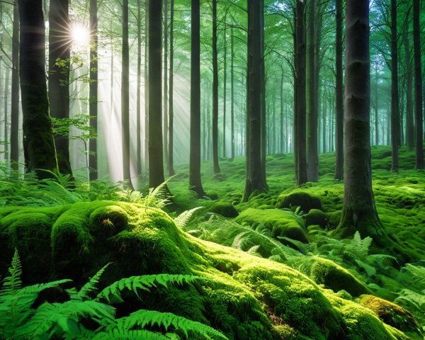 Tranquil Forest Scene with Dappled Sunlight and Ferns