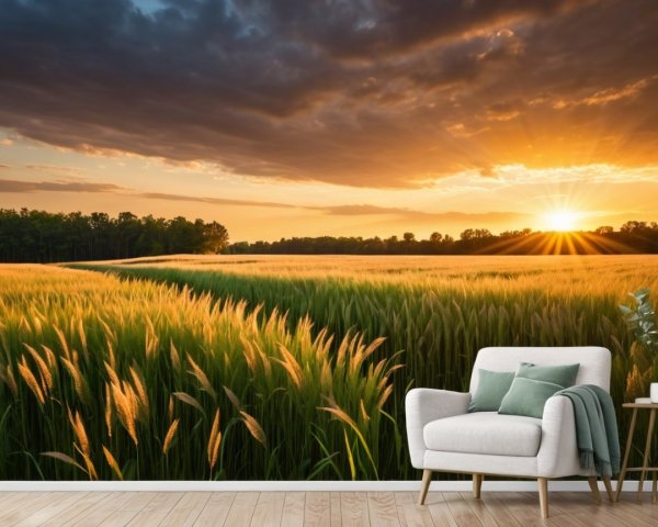 Serene Landscape with Golden Grass and Cozy Sofa
