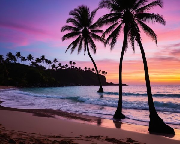 Serene Beach at Dusk with Colorful Sunset Sky