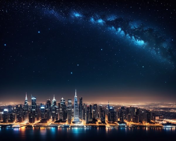 Modern City Skyline Under Starry Night Sky