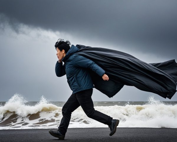 Dark Cloak Figure Running on Stormy Shoreline
