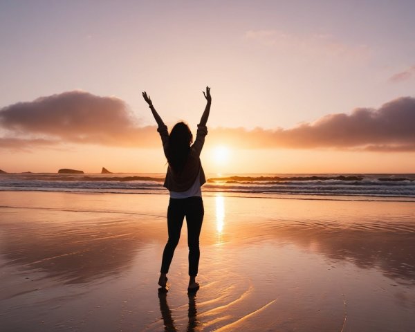 Silhouette on Tranquil Beach at Sunset with Waves
