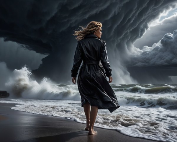 Woman in black coat on a stormy beach scene