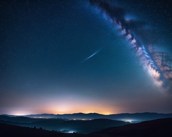 Night Sky with Stars, Milky Way, and Comet Over Hills