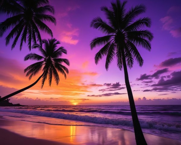 Serene Beach Sunset with Silhouetted Palm Trees