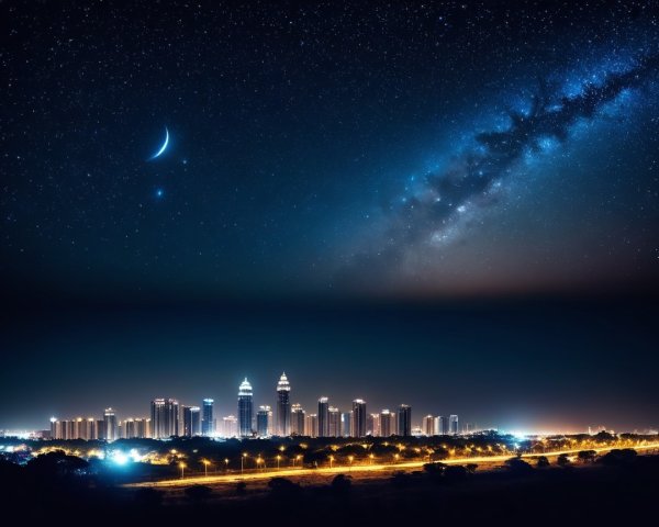 Nighttime Cityscape with Skyscrapers and Milky Way